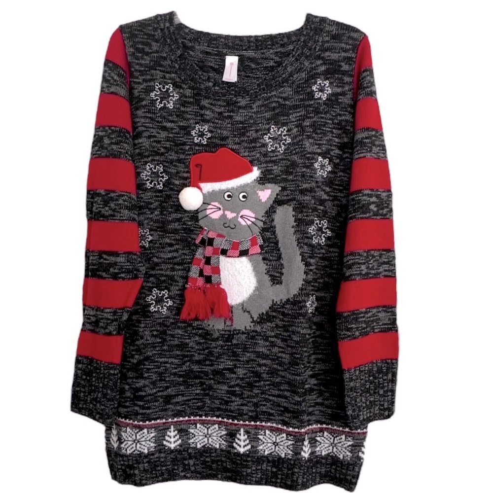 Gray & Red Cat Lover Christmas Tunic Sweater Junior Size XL (15-17)